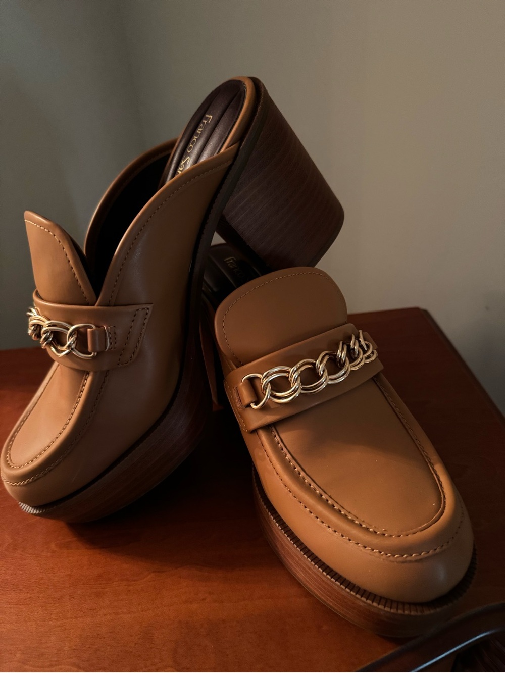 Franco Sarto Carmel Leather Mules with Gold Chain Accent.  New Never Worn